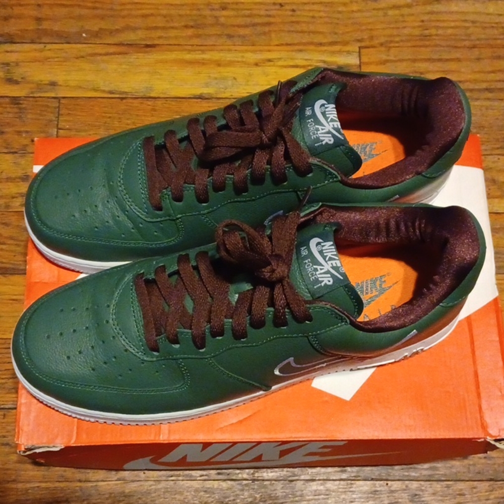 Nike Air force ones, size 11.5, green, white and brownish/burgundy